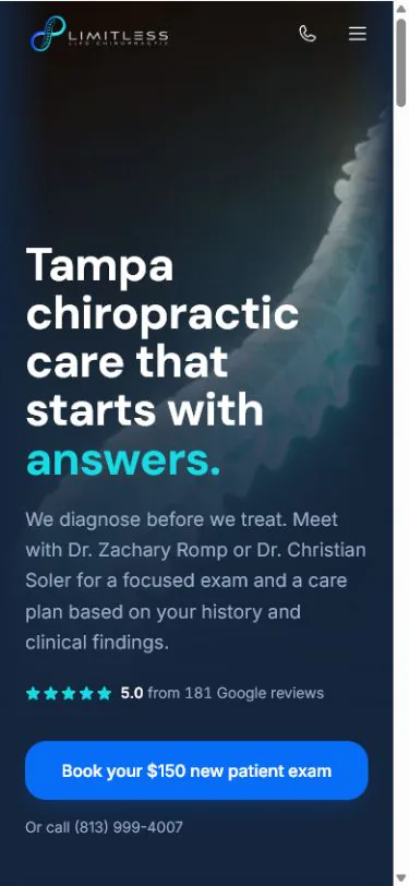 Limitless Life Chiropractic website at mobile size